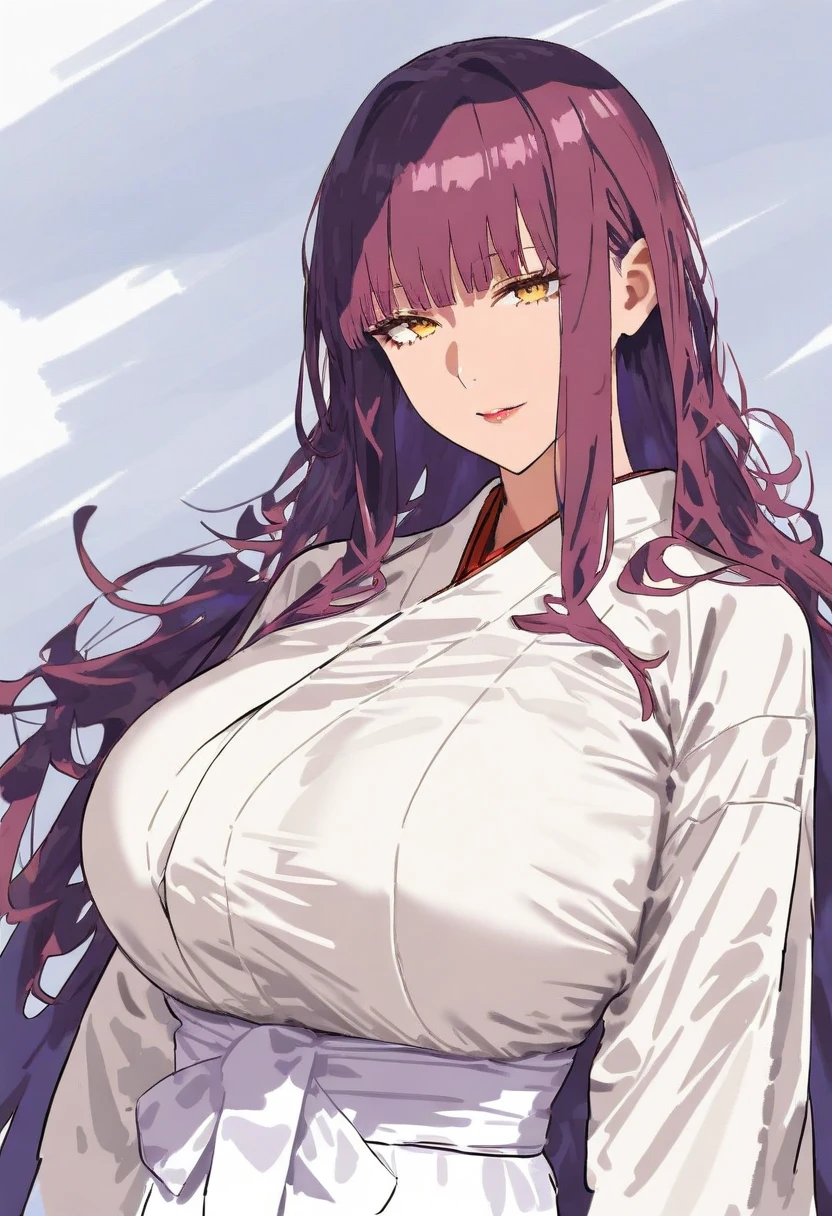 masterpiece, best quality, 1girl,  <lora:kirio-nvwls-v1-000009:0.9> hikifune kirio, purple hair, white coat, black robes, cleavage, hakama, large breasts, night sky, profile, trees, lake, mountains