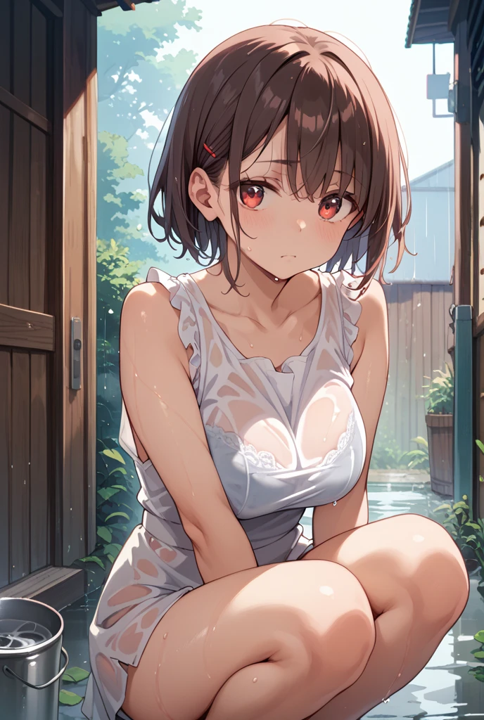 Lirilkaード, Lirilka, Animal ears, (Brown eyes:1.7), Brown Hair, (Flat Chest:1.2), happy smile, smile, Open your mouth,Sweat,Wet clothes,Wet Hair,Wet Skin,short hair,White Tank Top,Belly button,Shorts,gardenで水遊びしている,barefoot,生足                                                                 break looking at viewer, whole body,                　　　　　　 break outdoors ,garden,Home,　　　　　　　　　　　　break (masterpiece:1.2), Highest quality, High resolution, unity 8k wallpaper, (shape:0.8), (Beautiful and beautiful eyes:1.6), Highly detailed face, Perfect lighting, Highly detailed CG, (Perfect hands, Perfect Anatomy),