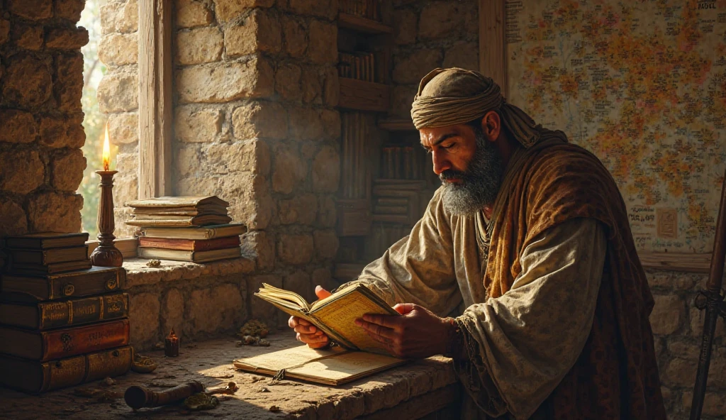 ** Ultimate Prompt :**  
*"Detailed medieval portrait of Saladin in format 16:9, with burning eyes in supernatural flames (close-up zoom effect). inspired by illuminated manuscripts from the 12th century:  
- ** Face and Eyes :** Serene but powerful expression, c style partially illuminating its features. Technique of gold leaf to enhance reflections.  
- **Upper background :** Smooth scroll in aged ivory tones, with Islamic geometric motifs subtle on the edges (ochre color ).  
- **bottom background:** Battlefield blurred in the *Sfumato *, with silhouettes of warriors and banners waving in the distance (earth tones and muted reds).  
- **details:** Tunic with Arabic calligraphy embroidered in gold thread, damascene armor and a medallion with the symbol of Saladin's eagle. Warm ambient light to unify the scene."*  
