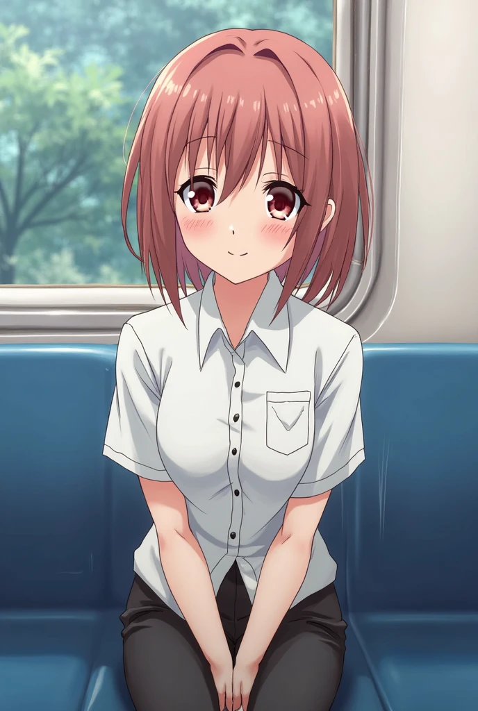 ((masutepiece, Best Quality, hight resolution, nffsw, Perfect Pixel, depth of fields, 4K, )), 1girl in, Solo, , Beautiful anime girl, Beautiful Art Style,
close up, Looking at Viewer,
Perfect body,
Yuigahama Yui, Short hair, Pink hair, (large boob),
Full face blush, Shy,
White shirt, Black skirt, pink cardigan,
thighs thighs thighs thighs,
on train, Standing,
From above, upper eyes,