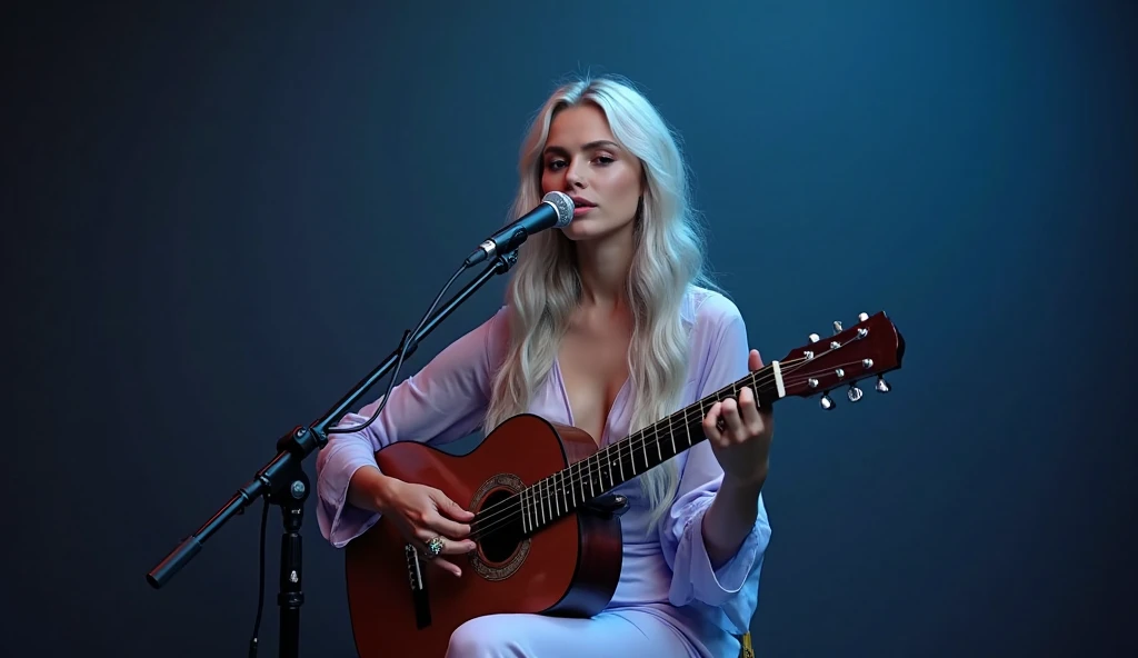 Woman with platinum blonde hair and blue eyes as a bard with a guitar