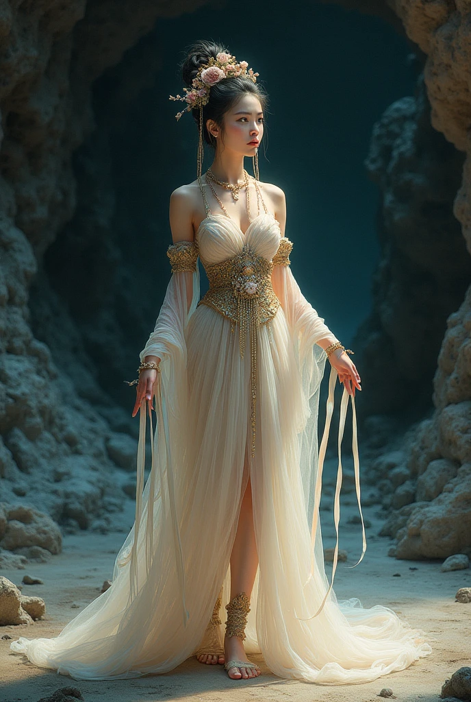 No clothing to cover it，Two women in the cave held each other，huge tit，Cocked buttocks，Kiss，The body is snow-white，Beautiful long hair，Asian beauty face，clear clothing，Raised sexy，face to face