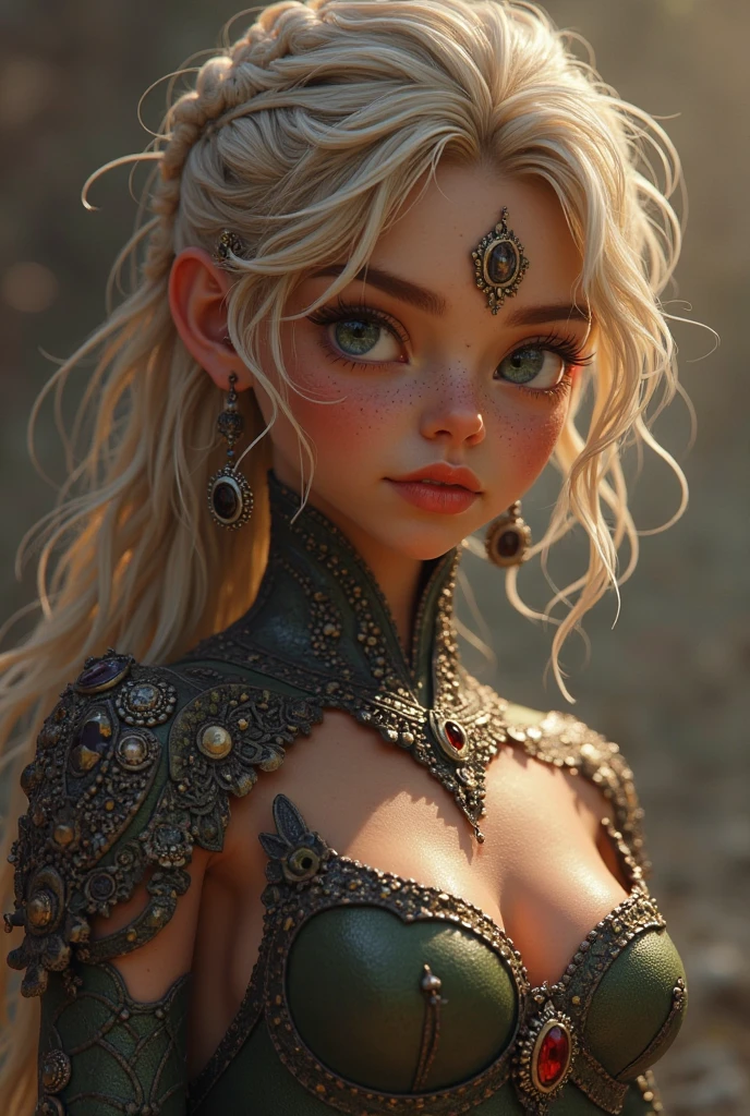 good quality, best quality, photo-realistic, realistic, ultra realistic 8k, ultradetailed, High resolution, ​masterpiece, 1 girl, 22 years old,  long golden hair, double ponytails, bangs, bright blue eyes, detailed face and eyes, Intricate detailing, detailed texture, delicate detailed, kurzes Latex-Top, Jewelry around the neck, medium breasts, muscled midriff, tanned legs