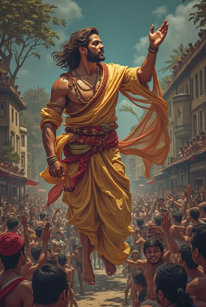 illustrate a moment of an indian naked political leader walking confidently down a parade route, totally undressed, Behind him a procession of royal attendants and musicians follow, all smiling, clapping and cheering, while a child standing separately, pointing to the king's nakedness, standing in front of him with a look of innocent truth.