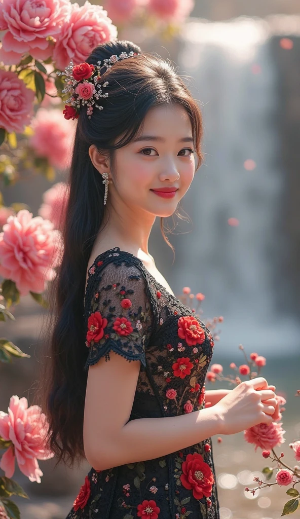 (big breasts), E cup size, tight hips, thin waist. Emilia Clarke, realistic, real person, long hair, 8k, cute, wearing a black ((hollow low-cut cheongsam)), emphasizes expressions, clothing details, body proportions, animal furs, the characters should not be too small, and the facial features should be clear, half-length shot. side view:1.5, ((peach Flowers))