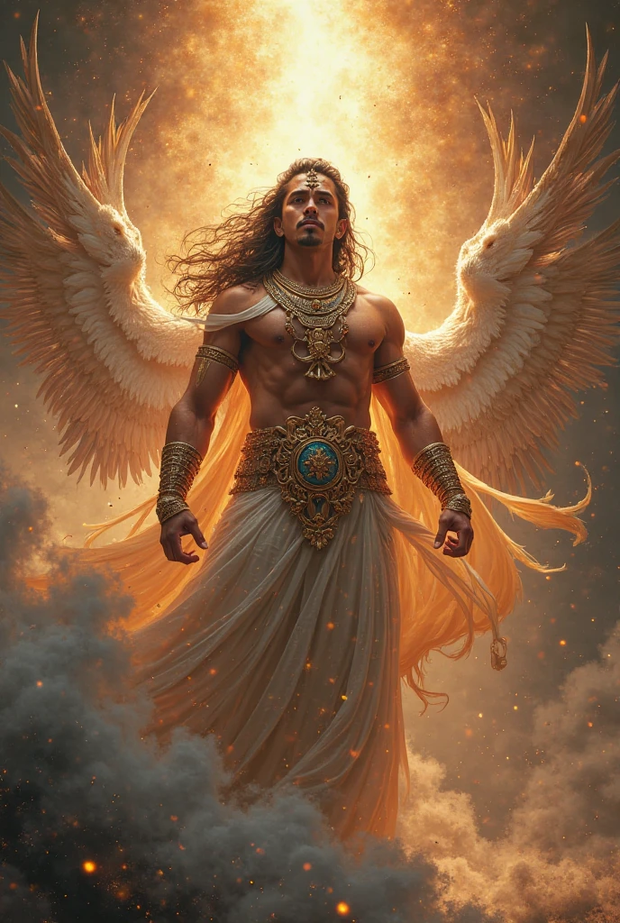 Generate a young 18- god of air looking overpower with crown and looking string and theme of indian god and also he is playing in the sky
