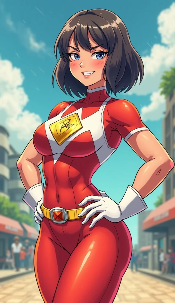 masterpiece, best quality, 1girl, takizawa, solo, black eyes, black hair, brown eyes, single hair bun, smile, blush, (standing), red plugsuit, evangelion, breasts, cleavage, earrings, looking at viewer, mature female, white background <lora:Takizawa:1>