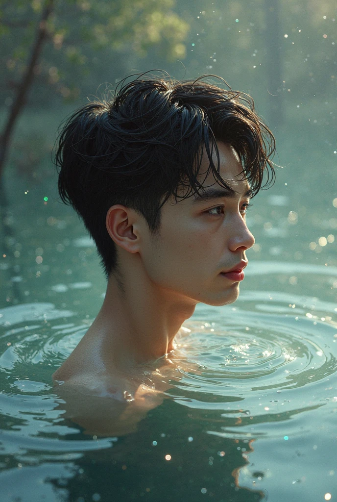 good looking　male　Black Hair　Mushroom cut　swimming