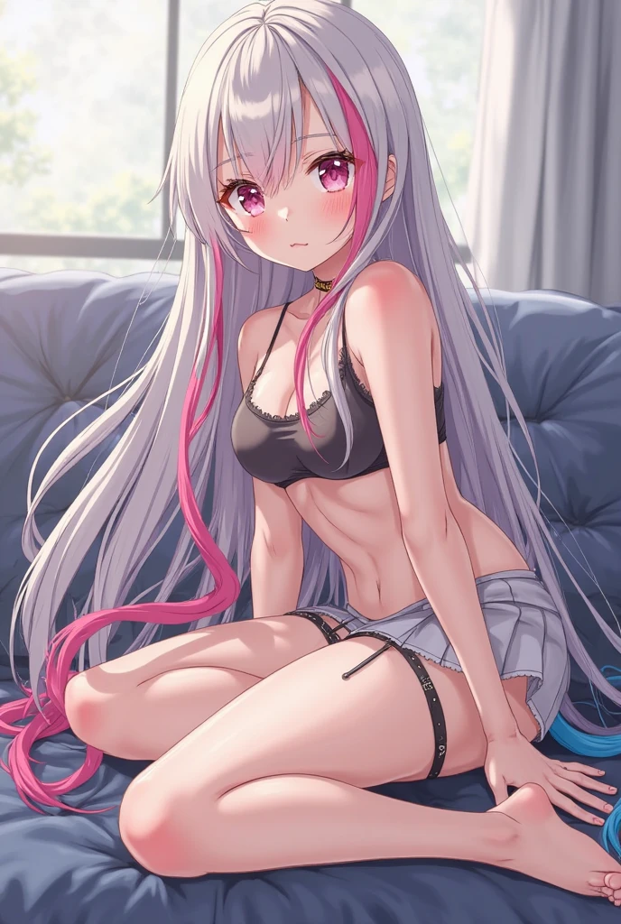 (butt), (bedroom), (sexy girl), masterpiece, best quality, full body, 1girl, bangs, blush, breasts, collarbones, ear piercings, eyebrows visible through hair, (gradient gray-pink hair), jewelry, long hair, looking at the viewer, piercings, (half-naked), (striped underwear), (bra), (panties), bright eyes, ring, (solo), illustration, fashionable, woman, posing, background, elements, confident, expression, holding, accessory, majestic, rolled, around, touch, attention-grabbing scene, larger, focus, dynamic pose
