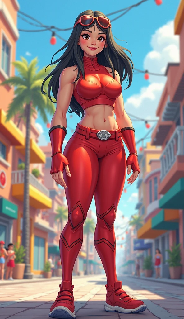 masterpiece, best quality, 1 woman (Adriana Lima :1.1)  red lips, green eyes , skyscraper, floating hair, windy, street, feet out of frame, backwards hat,