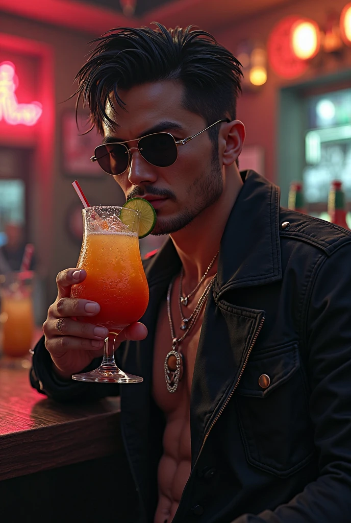 (photorealism:1.2) man, filipino, sitting, backyard of house, pool, drinking alcohol, cuervo alcohol in the table, black label, jack daniels, model pose, realistic, intricate details, warm colors, realistic, ultra realistic, 4k picture, textured skin,