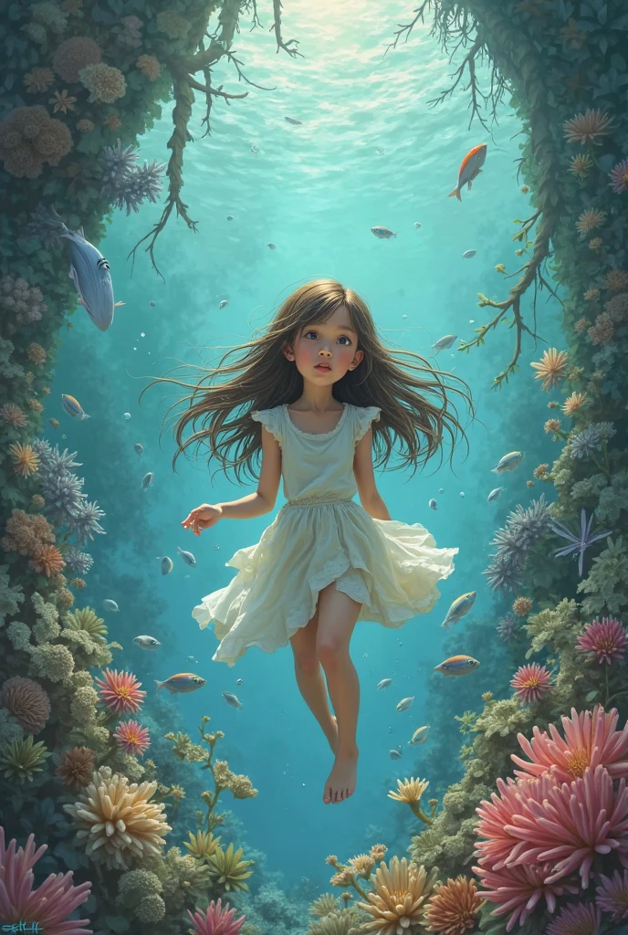Girl holding flowers,In the deep sea(Girl carrying flowers at the bottom of the sea,Girl in the deep sea holding flowers)