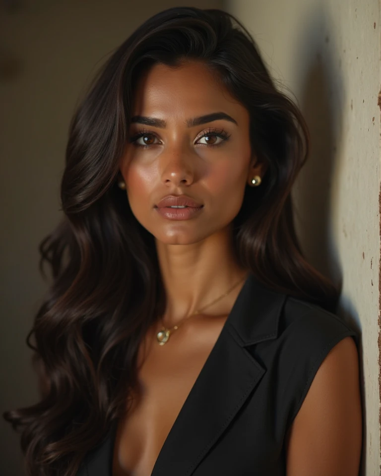 A beautiful young woman with long brown hair, wearing a white top and black blazer, with high cheekbones and a round face shape. She has olive skin tone and hazel eyes. The photo appears to be from a social media photo shoot in the style of an Instagram model or influencer.