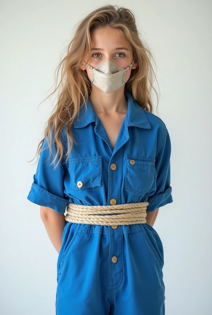 ((Full body photo, standing, on the floor))  (((1girls))), (wearing polo shirt, jeans)、Slender 18 year old blonde blue-eyed Russian girls、(standing), (full body portrait), (full body model), (toes to head view)、 (shibari, arms behind back:1.4), gagged, (over the nose mask:1), (tight latex mask)