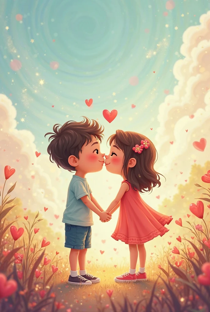 Generate a sketch for boy and girl picture and some write beautiful quotes relate too the picture abstractive background color