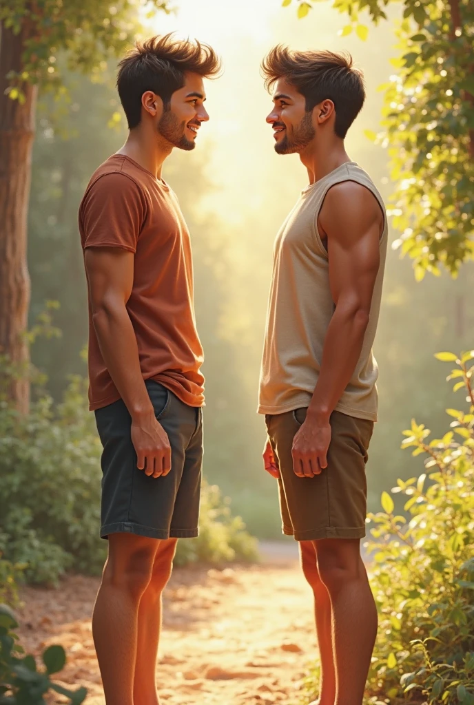 A beautiful young man with a macho with an exposed chest and legs wearing shorts he has a sharp look and has a sharp jaw Has a big be with another gay man Have them hold each other's panties.