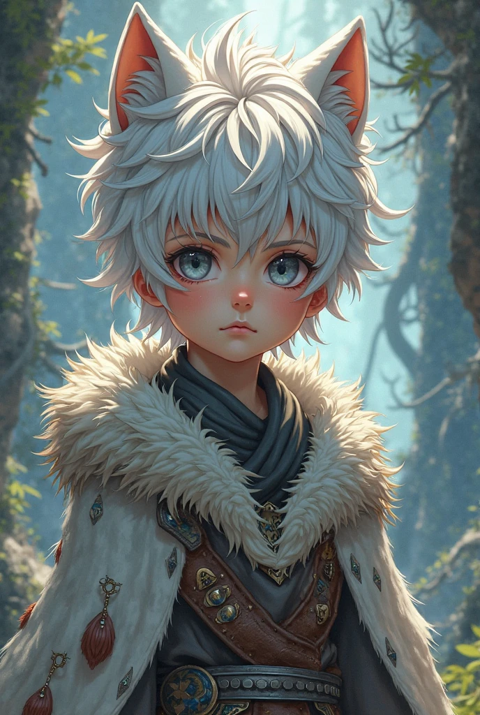 12-year-old boy, albino with white skin, white hair covering ears, large animal ears visible on sides of head replacing human ears, purple eyes, telekinesis powers