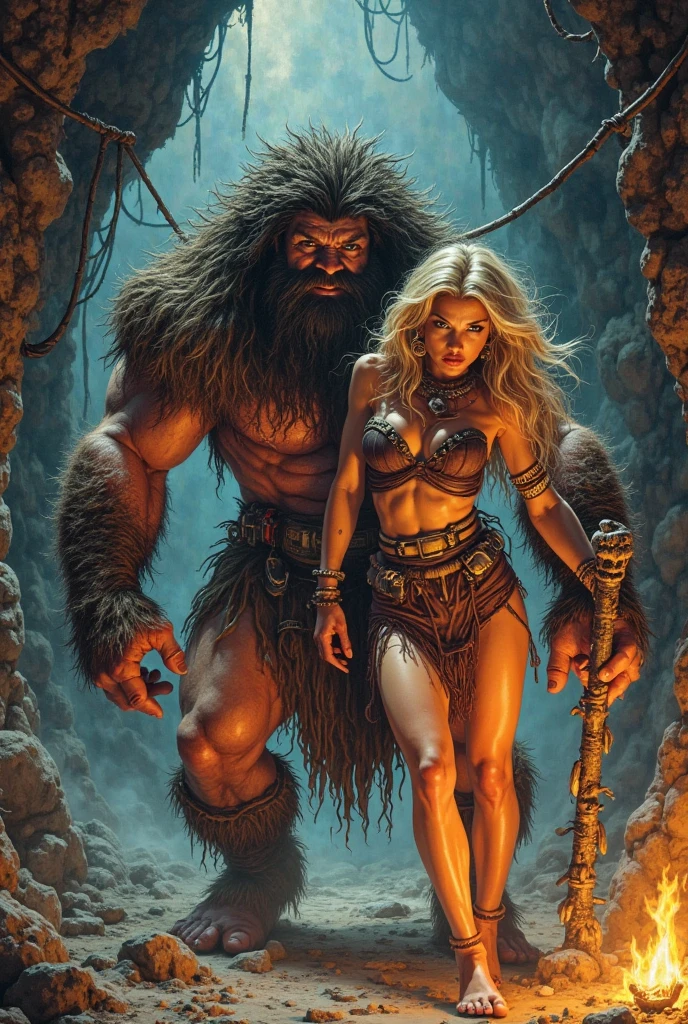 A muscular rebellious and wild black male werewolf monster (afro) bald and bearded man side by side with a beautiful exuberant and perfect young white woman, blonde haired ariana, very long detective, Policerman, investigator in uniform and armed traveling through a forest at night running courageously together facing the shadow monsters in an incredible hunt against the dangerous monster Wendigo