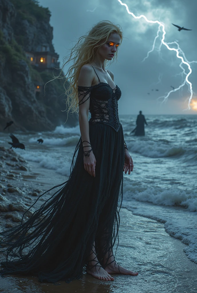 (Masterpiece.UHD.photorealistic..) (full body shot) an ultra hot gorgeous European woman. Age 23. Gorgeous face. Epic cleavage. Huge breast. (100 E size). (Random wavy hair color). She’s a dark horrific ghost pirate captain. Evil look. Ethereal. Intricate details.on a black sand beach. Cliffs on left side of the picture. Stormy weather.lightning. Strong sea. Waves. Dark clouds. low key, dark blurry background