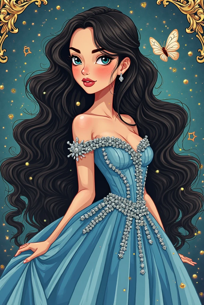 make me a cartoon desny poster of a beautiful woman, long black hair, wearing a blue gown, shiny, title MISS UNIVERSE MALAYSIA SANDRA LIM