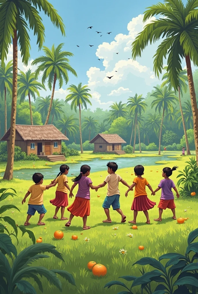 Create a image with village background and south indian banana leaf meals , playing , with coconut trees,parents talking