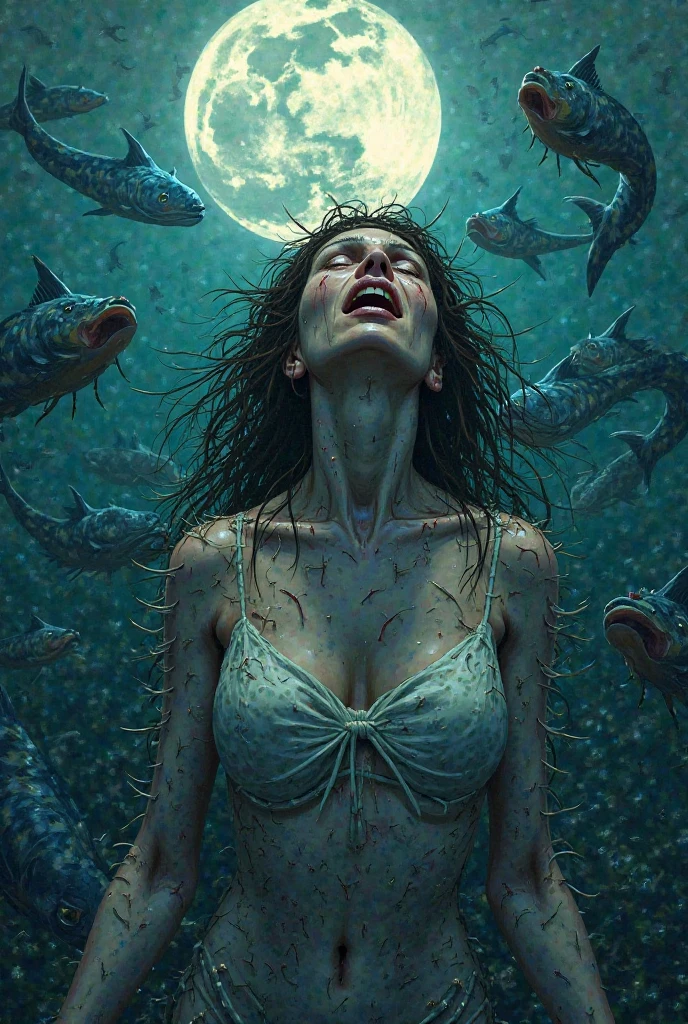 (Top Quality, Super Detail, Realistic: 1.37), In ancient Greek mythology, the beautiful sacrificed princess Andromeda, a blonde 18-year-old maiden, was chained hands and feet to a rock on a coastal cliff, her dress torn and her breasts exposed. (Scene where she is about to be eaten by a gigantic man-eating monster with shark teeth and squid limbs whose upper body emerges from the sea::1.6), the clear blue sky of the Greek sea, the mountain of devoured corpses, and the resoluteness of her body. The beautiful expression of the princess, the solemn atmosphere, the gruesome scene, and the blood. Nauseating terror, overwhelming fear, nightmarish fate, dark lights, dark shadows, desperate struggles, mysterious fog, eerie presences, impending doom, penetrating gazes, sharp claws, bloodstains. teeth, cruel corpse, tragic ending, eerie prophecy, hopeless, suspenseful, fate, cursed beauty, (NSFW:1.2),