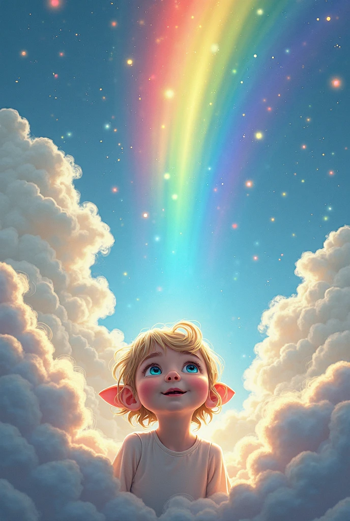 seraphim, a small and dreamy looking, is sitting on a rooftop of a big city, Looking at the sky. in the sky, there is a magical bridge made of rainbows and stars, that starts on the roof and extends to the clouds