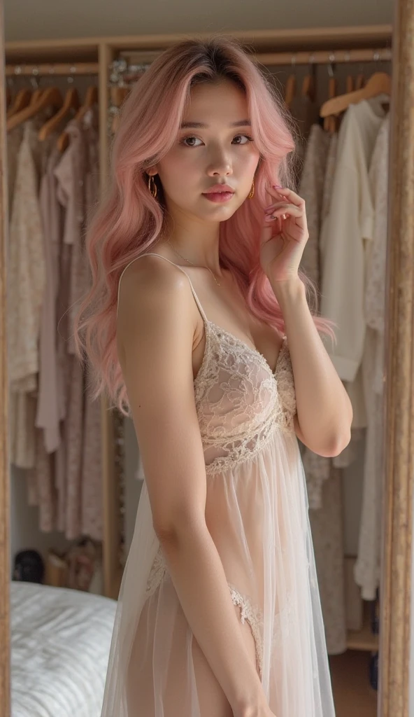 Super high quality illustrations,Masterpiece level,Technically sophisticated,HD picture,The picture shows a girl lying on a large bed,Wearing a translucent nightdress,Raise your legs high,Wrap your arms around your chest,Show temptation,Light pink hair drips gently,A gorgeous gold ankle ring adorns her left ankle,People can't help but be fascinated by her,The golden rose tattoo on her navel is even more delicious