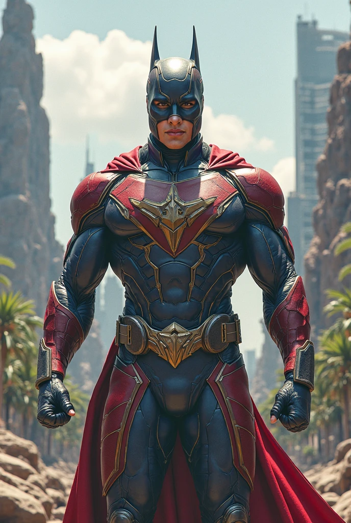 Man, (dark blue and black superhero suit:1.2), (blue DominoMask:1.2), bracers, gloves, long sleeves, short brown hair, blue superhero mask, red superhero cape, muscular, bulky large body, square jaw, chiseled jaw, (simple design:1.1), Caucasian, masculine, clean shaven,
standing on skyscrapers roof top, skyscrapers, superhero, modern, looking at viewer, detailed eyes,
(masterpiece:1.2) (best quality:1.2) (detailed) (8k) (HDR) (cinematic lighting) (sharp focus),
<lora:Muscular-10:0.6> (EasyMalePortrait:0.7) <lora:SN DominoMask:0.6>