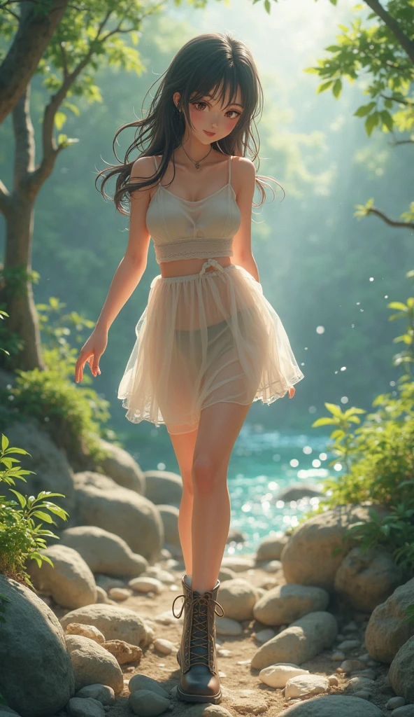 beautiful girl, small breast, showing face, protruding tongue, short hair, brown, 8k, professional photography, delicate, clear, in the forest, sun, light leakage, masterpiece, (beautiful)))), (reality)))), sad, blushing, Full Body, fantastic, young