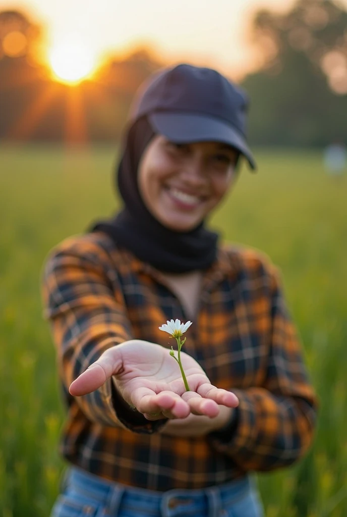 A 22-year-old girl wearing a hijab is celebrating Independence Day outdoors. She's standing on a lush, green grassy field with a joyful expression, perhaps waving a small flag or raising her arms in celebration. Behind her, the words "Independence Day" are written in large stone letters, partially covered with grass, blending naturally with the environment. The scene is bright and festive, with clear skies and sunlight enhancing the celebratory atmosphere.