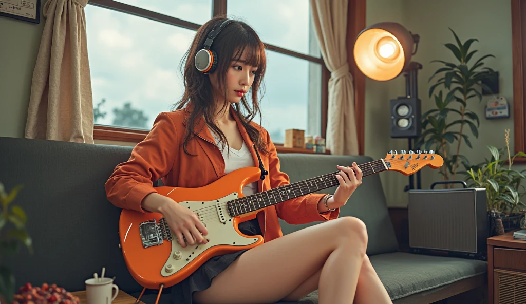 1girl, playing_electron_guitar, sitting in a studio, wearing headphone, masterpiece, best quality, photorealistic