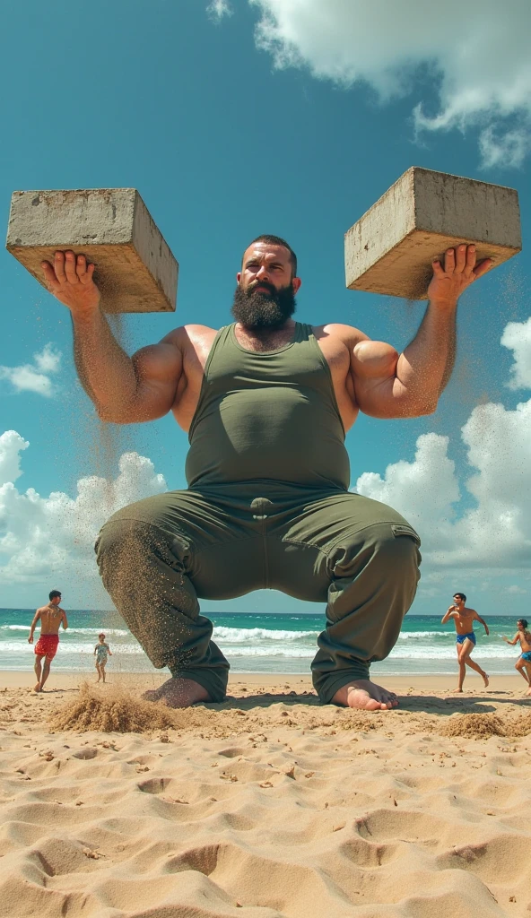 A dwarf kicking a homeless man in a swimsuit on the beach Realistic