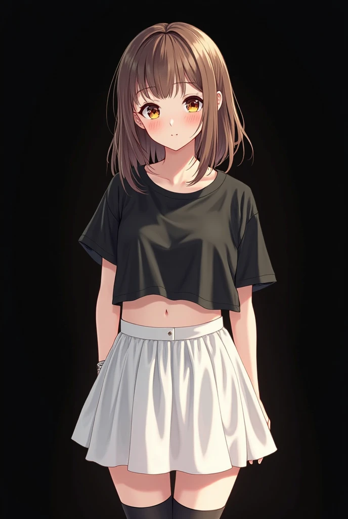 White miniskirt , black shoes , black off shoulder , pleated skirt , whole body , thighs , brown hair , brown eyes , straight hair , long sleeves , bare legs , View from above , standing posture