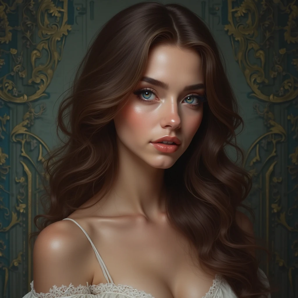 1girl, Masterpiece, Brown Hair, Large breasts, Open Mouth, Simple background, Multiple Views, Hairband, Impressionism, 