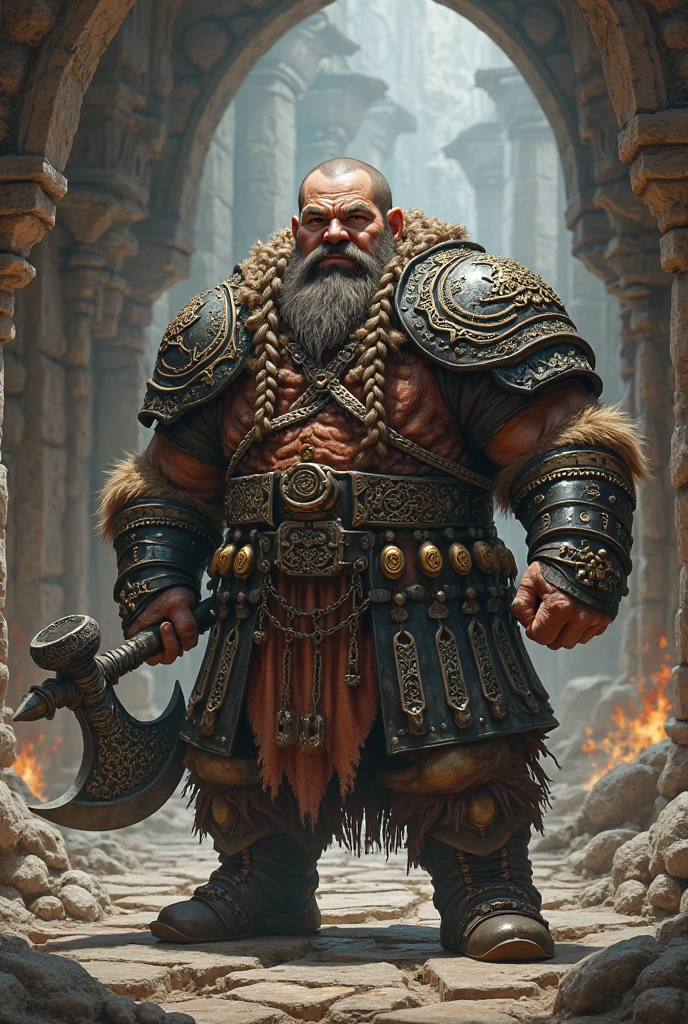 I want an image of a small dwarf with a big beard, and the braided hair, he uses a large war hammer almost as tall as he is, has only a diamond and emerald sapphire bracelet on her left arm