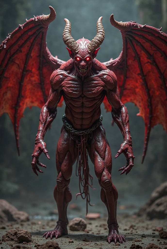 Groot's masterpiece as the demon of hell; Background with: lava, volcano, hell; The Devil's Weapon in Your Hand; Devil costume; Scary appearance; ultra realisic; 8K HDR image quality; Wicked smile on the face; demon wings