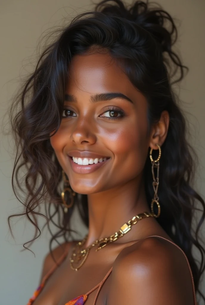 (photo of female citizen:1.3) 1girl, solo, biracial, yellow, looks like brittany renner, green eyes, very big breasts, looking at viewer, smile, hair ornament, cleavage, halter top dress, bare shoulders, jewelry, collarbone, upper body, curly black hair in a ponytail, flower, teeth, solo focus, hair flower, necklace, blurry, strapless, depth of field, blurry background, (realistic:1.3) crowd, (in a medieval tavern:1.1), 8k, cinematic, fantasy, cleavage