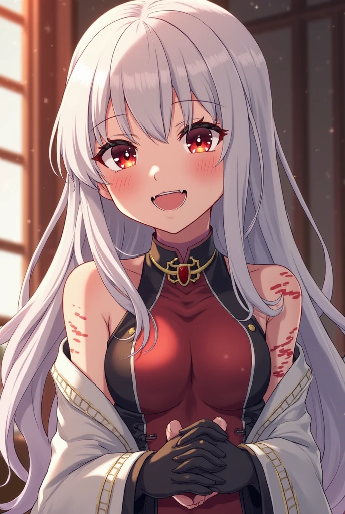 (masterpiece:1.2), hyper detail, best quality, (intricate_details:1.1), beautiful detailed, beautiful hair, solo, 1girl,NAKIRIAYAME, ONI HORNS, LONG HAIR,AYAMEBASE, ONI HORNS, LONG HAIR,BLACK KIMONO, SHORT KIMONO, HAIR BELL, OBI, SHIMENAWA, BARE SHOULDERS, LONG SLEEVES, ONI MASK, MASK ON HEAD,WHITE HAIR,ANIME COLORING,upper body,white background, simple background,shoulder focus,from below,owo, open mouth,looking at viewer,from side,sweating,greasy shoulder,from below,looking side,flipped hair,armpit,greasy armpit,from side, shoulder focus,((armpit focus)),bare shoulder,upper body,(sideboobs),((greasy armpit)),((smooth armpit)),((Pupil details)),backlighting,((Stretch oneself)),pov,blush,heavy breathing,steam,wide sleeves,two fang out,upper teeth, open mouth,white horns,double little bun,long hair