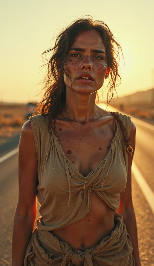 (Highest quality, 4K, masterpiece, Amazing details:1.1), Kneel, (For rest|Fantasy), ((((Post-apocalyptic Mechanic Woman)))), Thin eyebrows, Short wavy hair with a flower ornament, ((watercolor:1.2)), (whole body)、topless:1.3