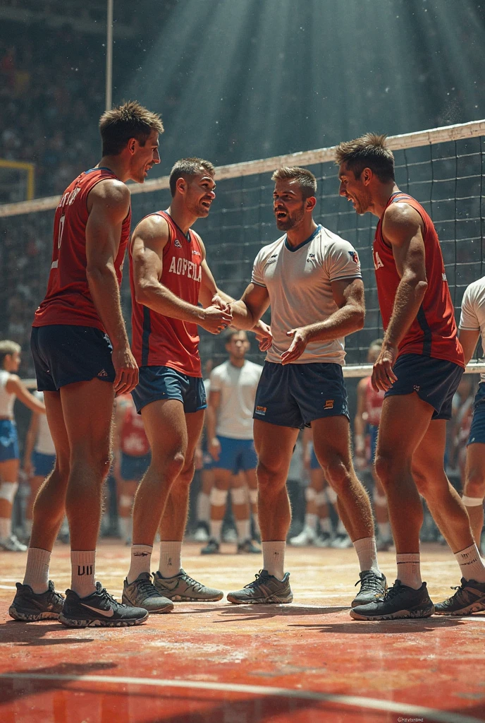 Three mister young handsome white tall beautiful face all of the same height together with Paraguay cover on the beach winner of the gold crown with red white blue swimsuit catwalk public applauds him celebrating representing Paraguay