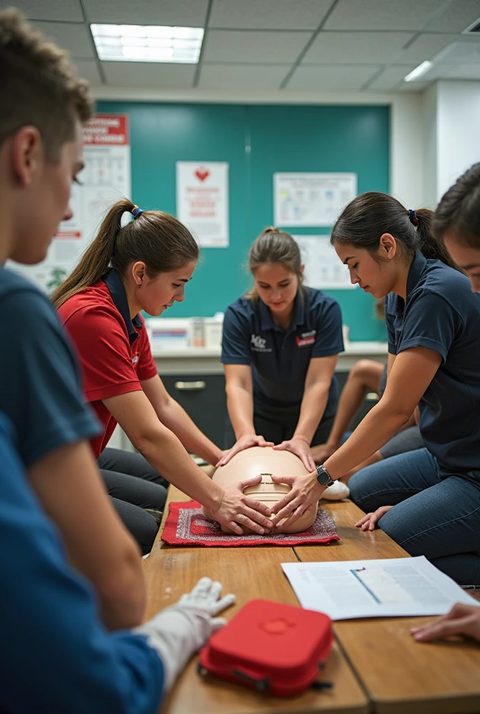 First responders in red cross shirts performing cardiac compressions on a patient