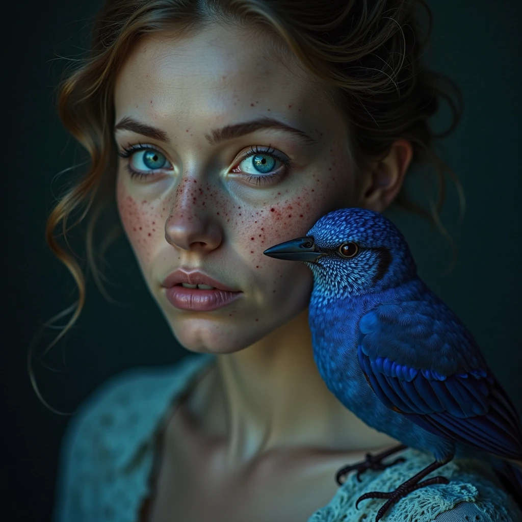 Bird in the style of snapshots of iconic hollywood stars, light white and amber, close up, rococo portraitures, cinestill 50d, light beige and blue, shiny eyes, clear skin 