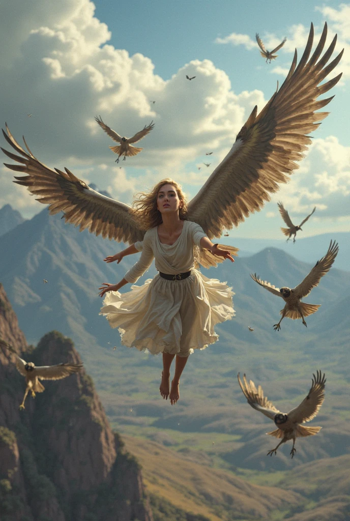 there is a woman that is flying in the air with a bird, female ascending into the sky, flying angels, with wings, spreading her wings, winged human, big angel wings wide open, girl with angel wings, icarus falling from the sky, she is approaching heaven, as a mystical valkyrie, with real wings, angel with black wings