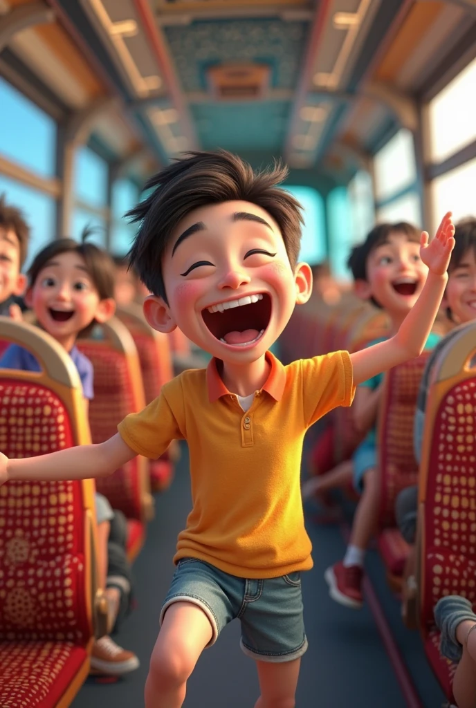 A fat child with a gold medal who is dancing in an autobus