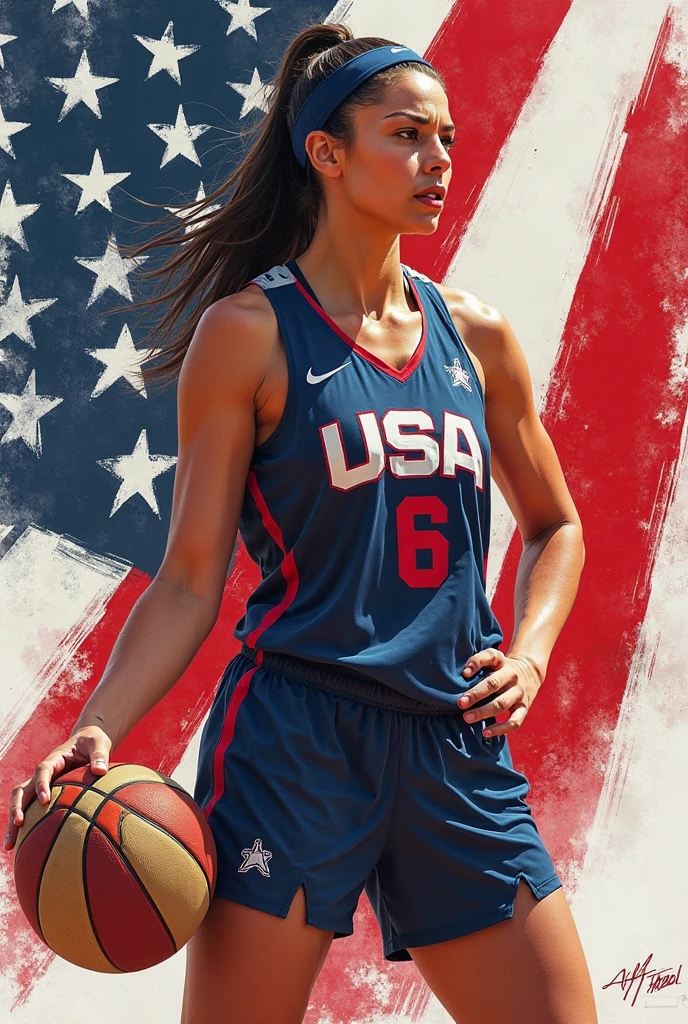 create a realistic image of a woman playing basketball wearing a bikini , woman has a big butt and full breasts , USA flag in the background , 8k, nsfw --auto --s2