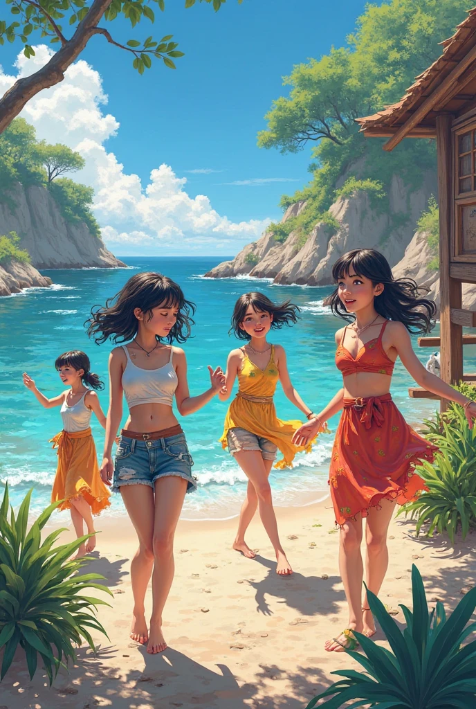 Drawn in 8K ultra-high resolution、Tropical beaches of the near future Japan。In the center of the screen is the、There is a pair of energetic young women。They're short cuts with black hair.、Blue and green hologram colors shine。
Their bikinis are、Design that mixes the modern and the future。One is、Blue bikini with wave pattern swaying with movement。The other is、Green Bikini、Reflects the movement of tropical leaves in real time。At the foot、Reflects the white-sand beach、Futuristic flip flops that look as if they are transparent。
They、I hold an AI-controlled hologram surfboard in my hand。It changes color and shape according to their movements.、Recreate the experience of riding a wave。
Spreading behind、White sand beach and blue sea、And a palm tree-lined avenue in the distance。Each palm tree is、It stores solar energy and glows quietly at night。
Along the beach、There are stalls and bars using holographic technology.、a person々is enjoying。Here、You can try the latest VR diving experience、You can taste the tropical gastronomy provided by AI。Live music、And the sound of digital wind chimes swaying in the wind、It further highlights the tropical beach life of the near future.。