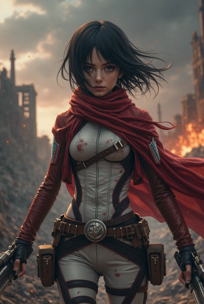 Ultra-realistic 8k CG, masterpiece, ((ultra-detailed background, delicate pattern, intricate details)), best quality, very detailed face, extremely detailed eyes and face, extremely detailed eyes,((best quality)), ((masterpiece)), (detailed), female titan,black hair, short hair, red eyes,(((red scarf))), horror beauty, perched on a cloud, (fantasy illustration:1.3), enchanting gaze, captivating pose, delicate scars, otherworldly charm, mystical sky, (Luis Royo:1.2), (Isayama Hajime:1.1), moonlit night, soft colors, (detailed cloudscape:1.3), (high-resolution:1.2) <lora:FemaleTitanV2:1> <lora:mikasa_ackerman_offset:0.1>,mikasa ackerman,(Yoshitaka Amano:1.1),blood, <lora:LAS:0.5>