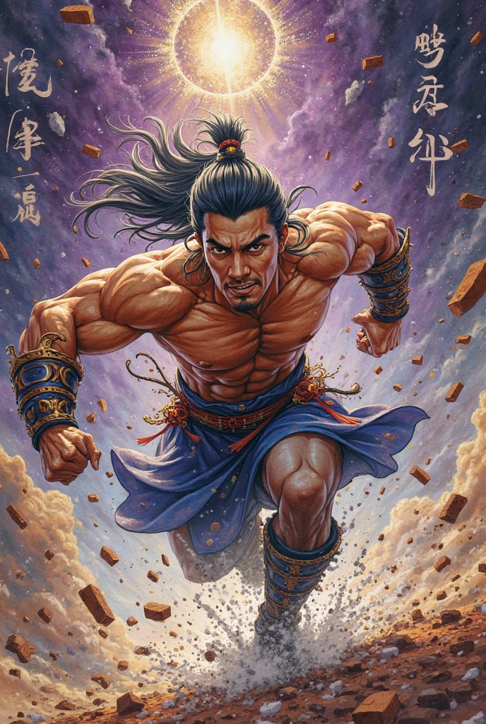 Li Gu's battle shocks everyone, displaying extraordinary combat power, his body radiating a powerful aura, bulging muscles, determined gaze, as if transformed into a war god. However, due to excessive exhaustion, he cannot sustain it for long, his stamina gradually weakening, , 32k, best quality, masterpiece, super detail, high details,