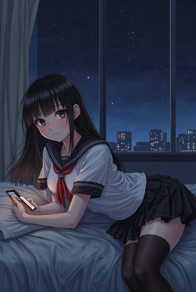 Highest quality（８ｋ）masterpiece、Time: Night（2.0）He is lying on the bed by the window and talking on his cell phone.（2.0）Clothing is high school uniform/Sailor suit（1.8）The night view can be seen from the window（2.0）、A room in a high-rise apartment with very large windows（2.0）It&#39;s dim in the room.（2.0）、One girl、Very cute、Best Style、Hairstyle（流行りのHairstyle色々（1.8））The room is a high school girl&#39;s room（1.8）、There are no curtains、１７age、Firm and refreshing々Fresh skin。Plump legs、eye（Super detailed　1.8）Legs are straight（1.8）、